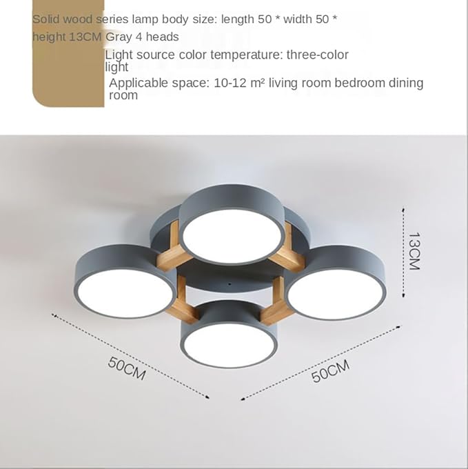 LED Ceiling Light Fixture,20 Inch 4-Lights Modern Ceiling Lights Flush Mount Wooden 44W Chandelier for Living Room Bedroom Kitchen,Dimmable 3000K/4000K/6000K Temperatures Selectable, Grey
