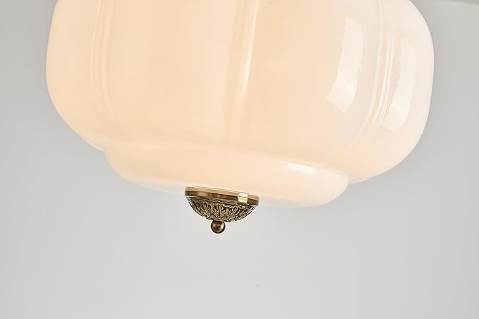 Milk Glass Ceiling Light Fixture, 15" Vintage Semi Flush Mount Pendant Light with Antique Brass Finish, Schoolhouse Light Fixture - Antique Chandelier for Kitchen, Hallway, Dining Room