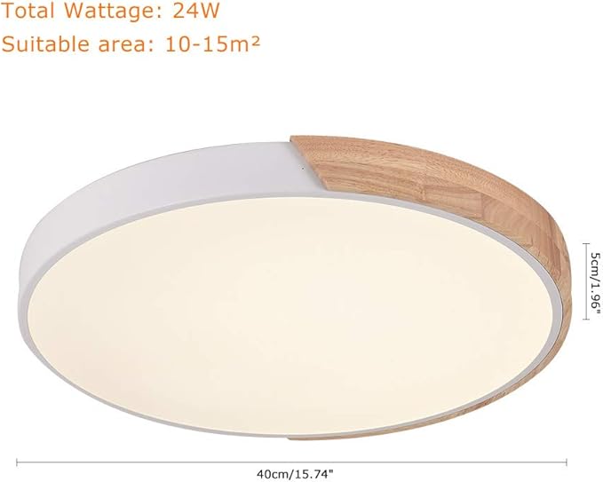 EDISLIVE Dimmable LED Ceiling Light 15 inch Modern Minimalist LED Round Shaped Wood & Metal & Acrylic Flush Mount Ceiling Light with Remote Control White