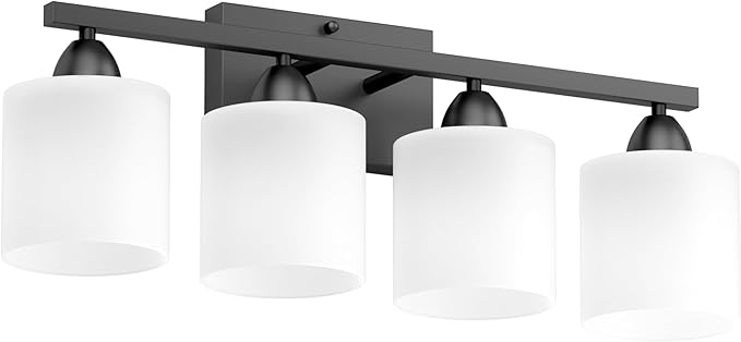Black Bathroom Lighting Fixtures Over Mirror, 4-Light Anti-Rust Vanity Light for Bathroom, 24Inches Modern Wall Sconce, Standard E26 Base, Milky White Glass Shades, Bulbs Not Included