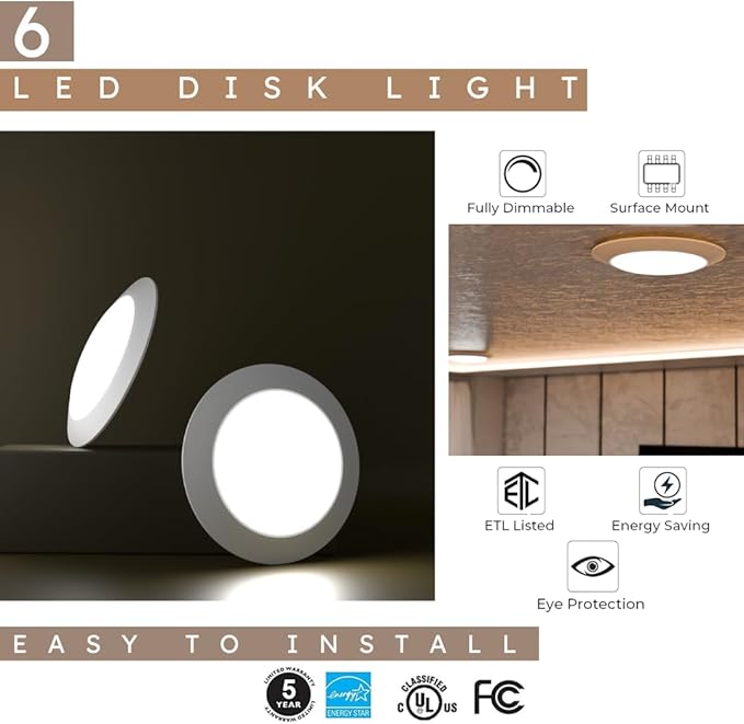7.5" Dimmable LED Disk Light Flush Mount | Ceiling Light Fixture | LED Lights| 16.5W (120W Equivalent), 120V, 5000K| Wet Location | 4/6" J-Box (Bright White, 6 Pack)
