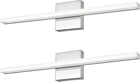 Modern 24IN 14W Bathroom Light Fixture, Chrome Vanity Lights for Mirror, 2 Packs, Waterproof, Daylight White Light(6000K), Stainless Steel, A-Silver, Hardwired