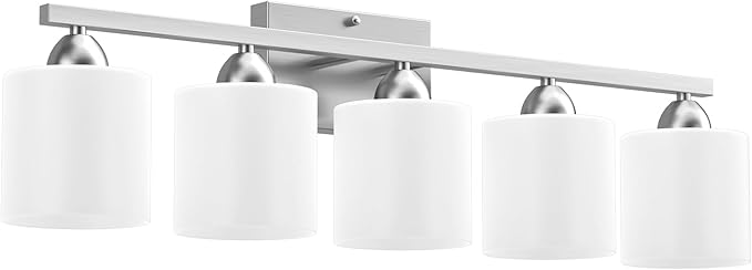 Bathroom Lighting Fixtures Over Mirror, Anti-Rust Vanity Light Fixture for Bathroom, Modern 5-Light Wall Sconce Light for Living Room, E26 Base, Milky White Glass Shades, Bulbs Not Included