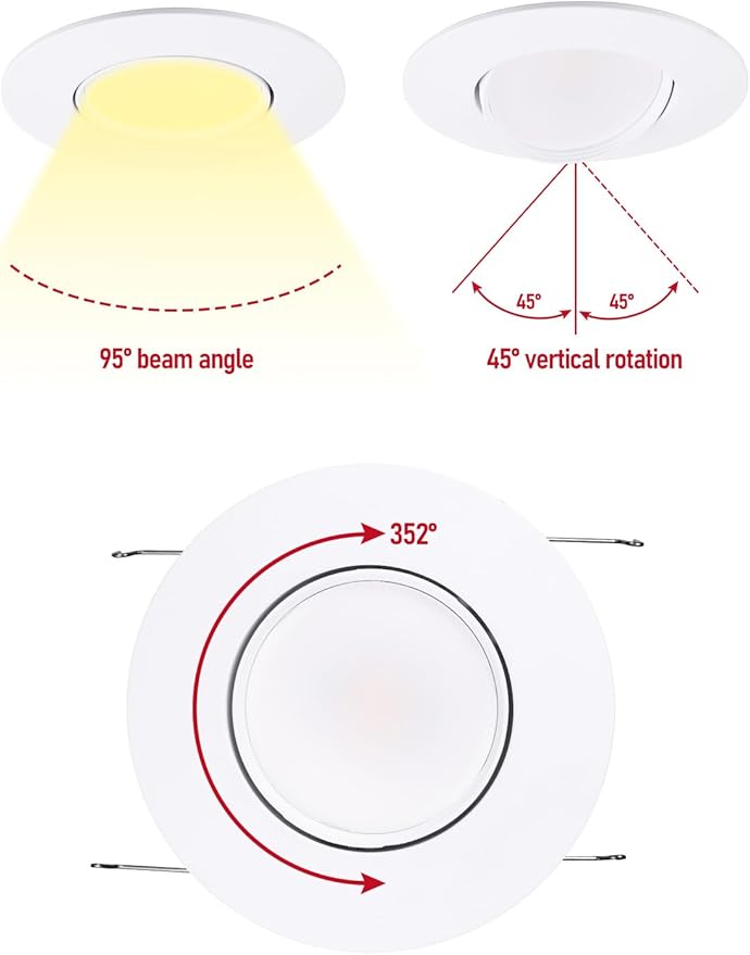 TORCHSTAR 6 Inch 5CCT Retrofit LED Gimbal Recessed Lighting, CRI90+ Dimmable Swivel Directional Can Lights, Adjustable Ceiling Downlight, 2700K/3000K/3500K/4000K/5000K, Aluminum, UL FCC ES, Pack of 4