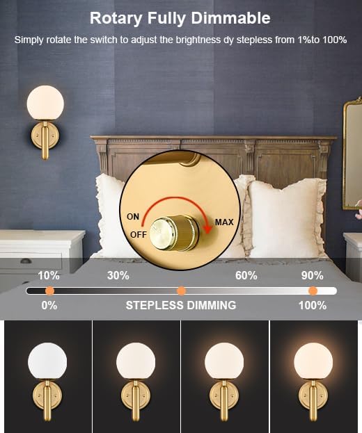 DIRYZON Modern Plug in Wall Light Dimmable Wall Sconces Set of 2 with Switch Brass Wall Sconce for Bedroom Bathroom,Opal Globe Glass