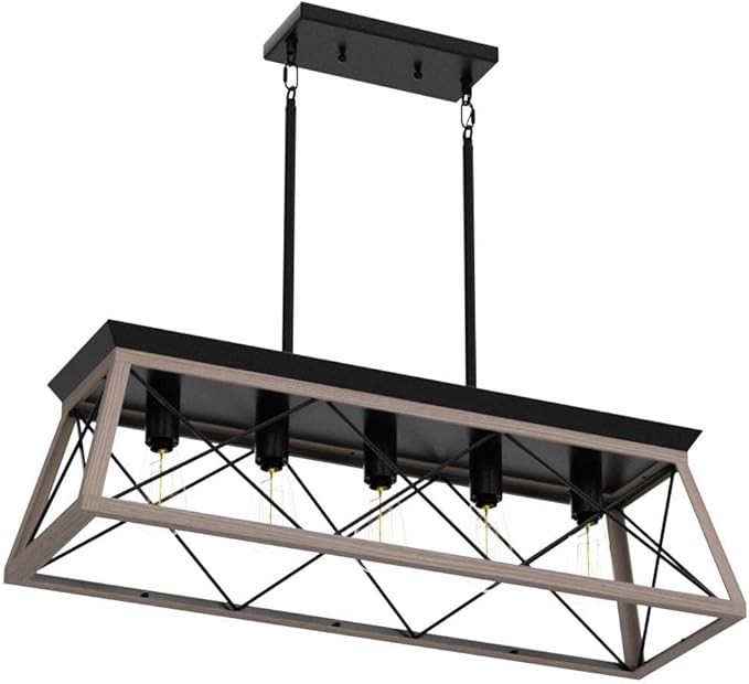 Farmhouse Chandeliers for Dining Room, Rustic Kitchen Island Light Fixture, 5-Light Linear Pendant Lighting Rectangular Chandelier, Metal Solid Ceiling Lights