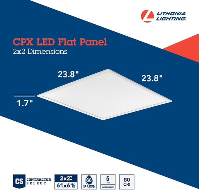 Lithonia Lighting CPX LED Flat Panel Light, 2Ftx2Ft LED Light Panel, Ceiling Lighting Fixture, 2500/3200/4000 Adjustable Lumens, 3500K/4000K/5000K Switchable CCT, Smooth Satin Lens, White (4-Pack)