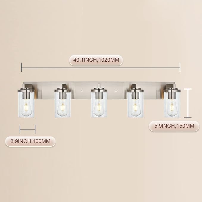 BONLICHT Brushed Nickel Bathroom Light Fixtures 5 Light Modern Vanity Lights Industrial Glass Wall Sconce Farmhouse Bath Lighting Over Mirror Wall Mount for Kitchen Living Room Hallway Workshop