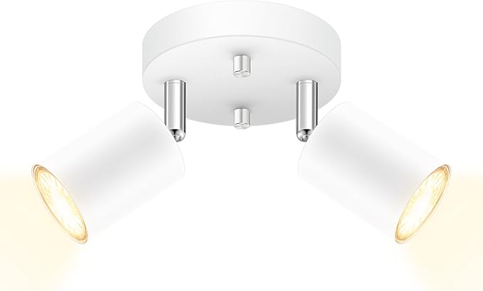 LED 2 Light Track Lighting Kit, LED Track Lighting Fixtures, White Round Ceiling Spot Lighting, Flexibly Rotatable Light Head for Kitchen, Living Room, Bedroom, GU10 Bulb Not Included
