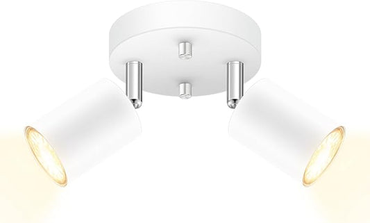LED 2 Light Track Lighting Kit, LED Track Lighting Fixtures, White Round Ceiling Spot Lighting, Flexibly Rotatable Light Head for Kitchen, Living Room, Bedroom, GU10 Bulb Not Included