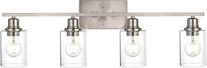 VINLUZ Industrial Brushed Nickel Wall Sconce with Clear Glass Shade and Metal Base,4 Light Bathroom Vanity Lighting Fixture Over Mirror for Dressing Table