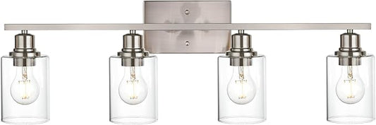 VINLUZ Industrial Brushed Nickel Wall Sconce with Clear Glass Shade and Metal Base,4 Light Bathroom Vanity Lighting Fixture Over Mirror for Dressing Table