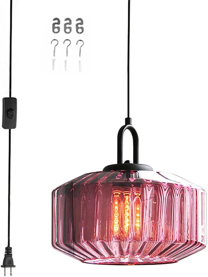 Plug in Hanging Light Glass Globe Pendant Light Plug in Mid Century Modern Pendant Light Fixture with 14.7 ft Cord Purple Striped Glass Shade for Living Dining Room Farmhouse Kitchen