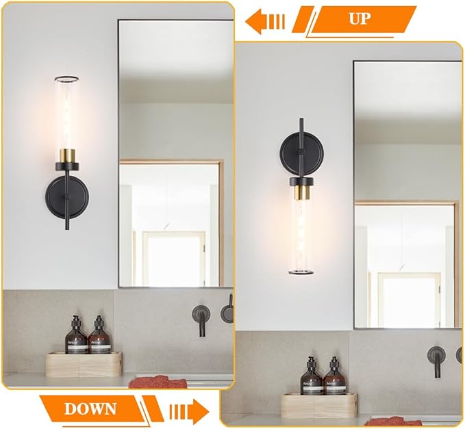Wall Sconces Set of Two, Black and Gold Bathroom Sconces Wall Lighting with Clear Glass, Modern Sconces Wall Decor Set of 2, Farmhouse Wall Mount Lights for Mirror Bedroom Living Room Hallway Kitchen