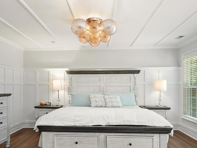 AGV LIGHTING Modern Bubble Glass Flush Mount Ceiling Light Fixture, Gold 4-Light Ceiling Chandelier with Amber Textured Glass Globe Shades, 18” Living Room Bedroom Dining Room Lighting