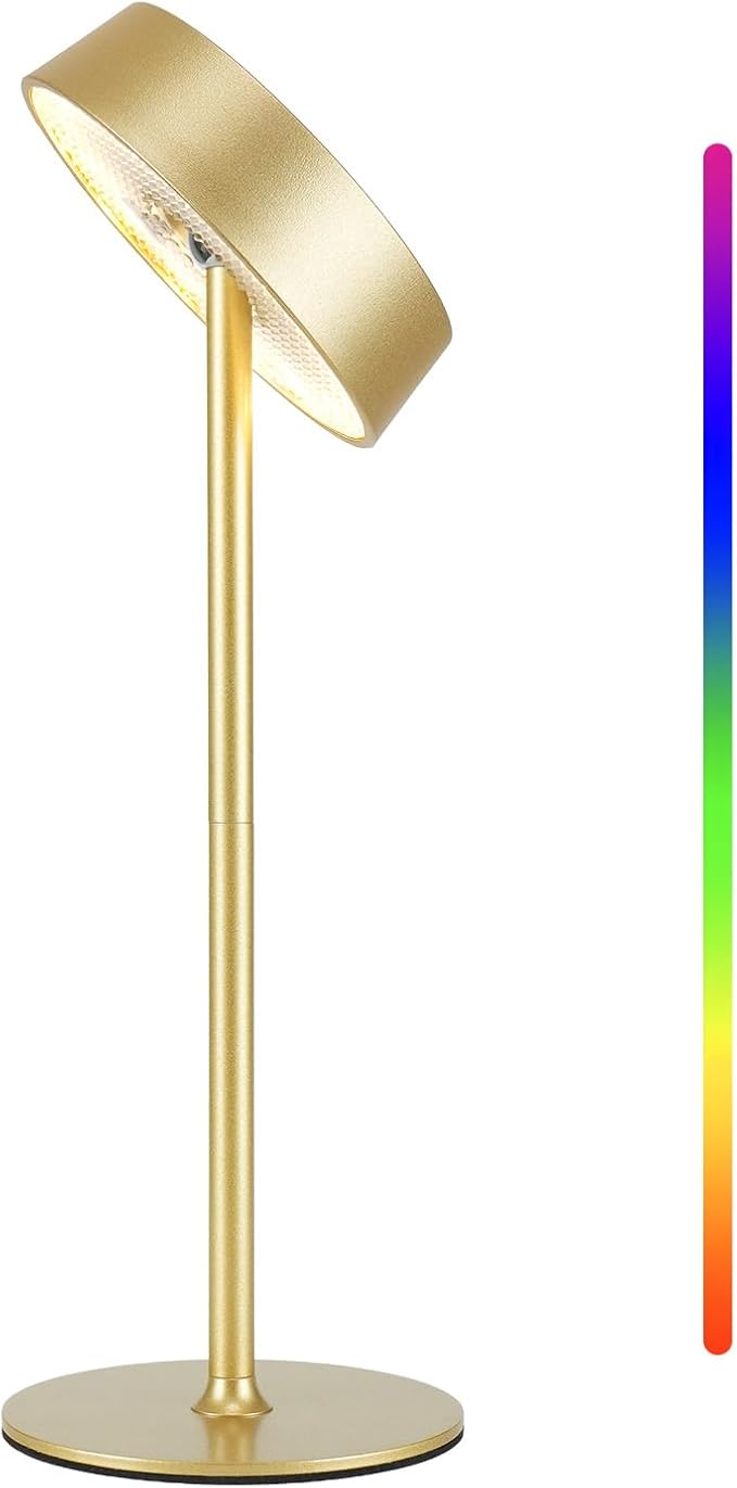 Cordless Lamp, Rechargeable Table Lamp, Battery Operated, RGB Dimmable Touch Control, 3 Color Temperatures, LED Memory Function, Portable Outdoor Waterproof, Restaurant Dining Patio Kitchen, Gold 1Pc