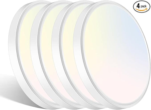 libtit 12 inch Flush Mount LED Ceiling Light Fixture, 3000K 4000K 6500K Adjustable, 28W 3200lm White Round Lighting Fixtures for Bathroom Shower Hallway Kitchen, 4 Pack