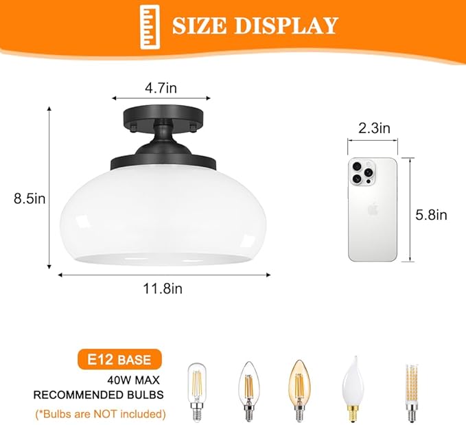 Black Semi Flush Mount Ceiling Light - Entryway Light Fixture with Triple E12 Sockets - 12" Diameter Milk White Glass Shade for Soft, Uniform Lighting - Easy Mount Installation for Any Room