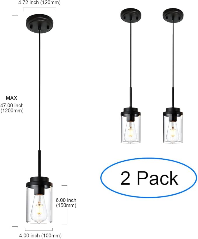 MELUCEE 2 Pack Pendant Lights for Kitchen Island Black Adjustable Hanging Ceiling Lamp with Clear Glass Shade, Industrial Glass Pendant Lights for Dining Table Hallway Bedroom Living Room