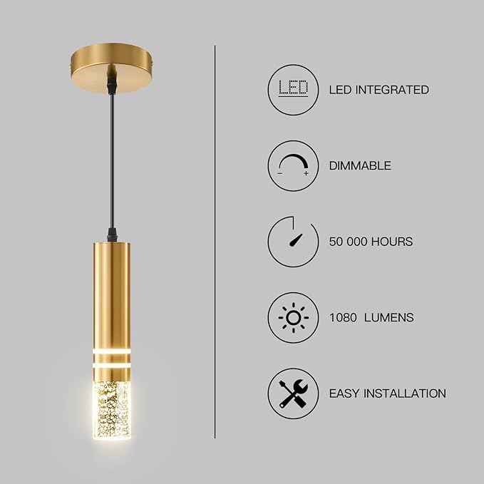 Pendant Lights Kitchen Island 12-Watt 1-Light Dimmable LED Gold Modern Hanging Mini Crystal Pendant Light for Kitchen Island