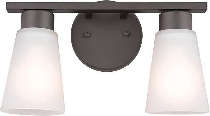 Kichler Stamos 2-Light Bathroom Vanity Light with Satch Etched Glass Shades, 13" Modern Wall Light in Olde Bronze®, (13" x 8" x 5")