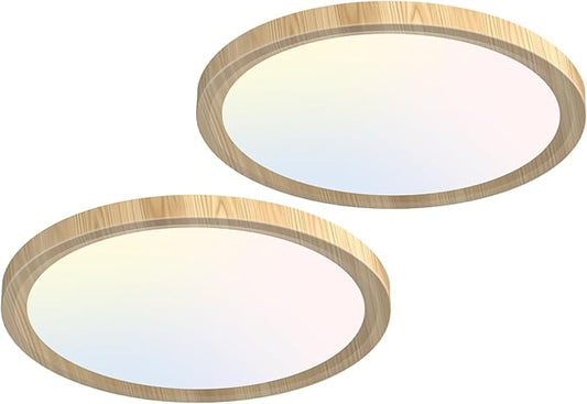 zemty LED Ceiling Light Wood - 12In 28W 3200lm Flush Mount Ceiling Light with 3 Color Temperature 3000K/4500K/6000K - Round Flat Light Fixture for Kitchen Bathroom Shower, 2Pack