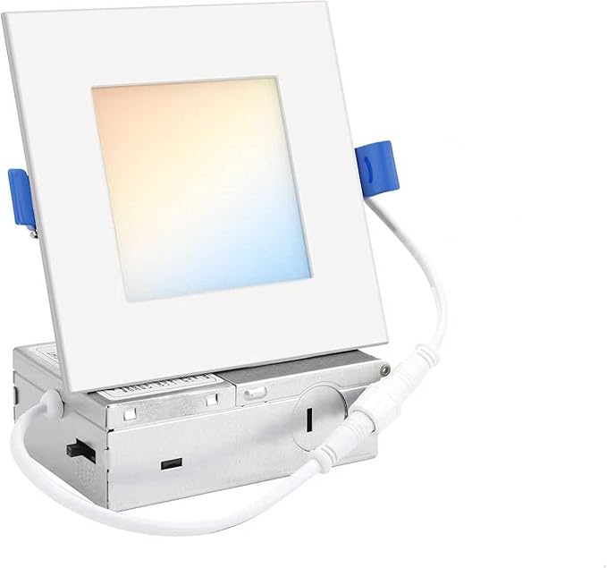 HONZIN Square LED Recessed Lighting 4 Inch, 5CCT Ultra Thin Led Recessed Ceiling Lights 1 Pack, Selectable 2700K/3000K/3500K/4000K/5000K, 9W, IC Rated, Dimmable Square White Trim with Junction Box