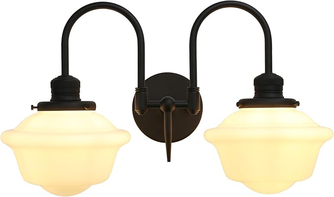 Pathson Vintage Milk White Wall Sconces, 2-Lights Hardwired Glass Bathroom Vanity Light Double Metal Curved Arms, Wall Painting Sconce Lamps Decor for Mirror, Living Room, Loft, Stairwell, Foyer