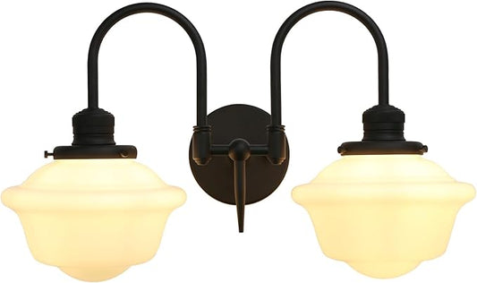 Pathson Vintage Milk White Wall Sconces, 2-Lights Hardwired Glass Bathroom Vanity Light Double Metal Curved Arms, Wall Painting Sconce Lamps Decor for Mirror, Living Room, Loft, Stairwell, Foyer