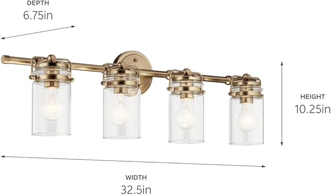 Kichler Brinley 4-Light Bathroom Vanity Light Fixture with Clear Glass in Champagne Bronze, Industrial Farmhouse Style for Mirror Lighting (32.5" x 10.25" x 6.75"), 45690CPZ