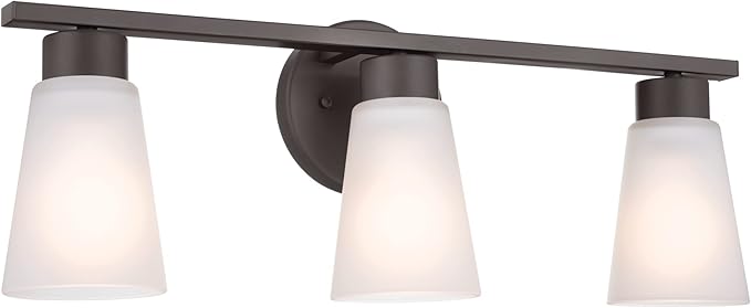 Kichler Stamos 3-Light Bathroom Vanity Light Fixture with Satin Etched Glass Shades, 22 in Modern Wall Light in Olde Bronze for over Mirror (22 in x 5 in x 8 in), 45887NI