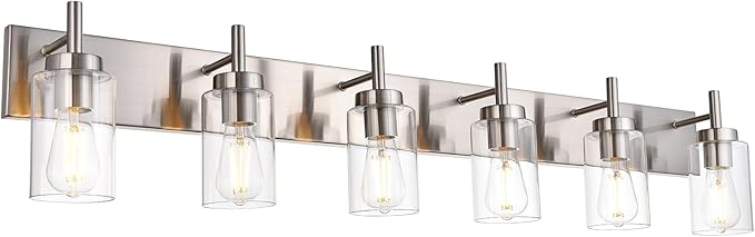 VINLUZ Bathroom Vanity Light Fixture Brushed Nickel with Clear Glass 6-Light Modern Wall Lighting Industrial Indoor Sconces Wall Mounted Lamp for Bedroom Kitchen (Patent No.: US D958,438 S)