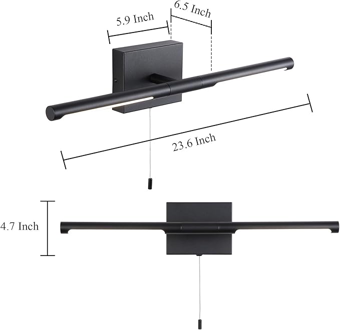 24 Inch Black LED Bar Bathroom Vanity Light,360° Rotatable Vanity Light Fixtures with Pull Chain Over Mirror,4000K Modern Bathroom Sconces Wall Lighting Picture Light