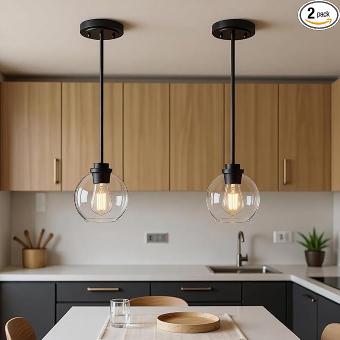 Pendant Light – 7 Inch Modern Hanging Fixture with Clear Glass Globe & Matte Black Finish, Adjustable Iron Rods & Sloped Ceiling Compatible for Kitchen Island Dining Room Bedroom Hallway, 2 Pack