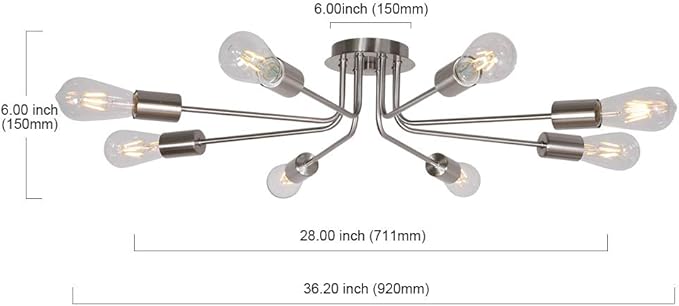 Mid Century 8 Light Chandelier Modern Ceiling Lighting Brushed Nickel Semi Flush Mount Ceiling Lights Fixture Used for Kitchen Dining Room Living Room