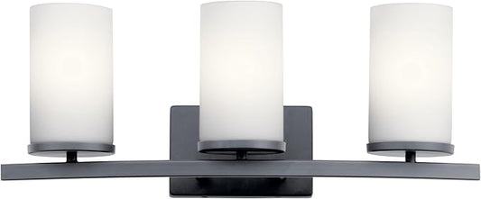 Kichler Crosby 45497BK 3-Light Bathroom Vanity Light Fixture with Satin Etched Cased Opal Glass in Black for Modern and Traditional Decor Over Mirror (23" x 8.75" x 7")