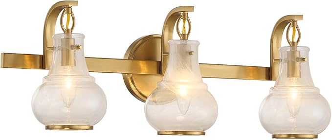 Savoy House 8-4417-3-322 Adams Modern Vintage Traditional White Strie Glass Bathroom Vanity Wall Light, 3-Light 180 Total Watts, 9" H x 24" W, Warm Brass