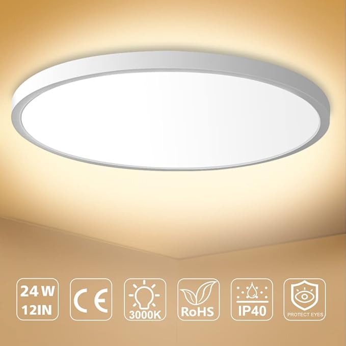 LED Flush Mount Ceiling Light Fixture, 2800K Warm White 24W(240W Equivalent) 12 Inch Flat Modern Ceiling Lighting, 3200LM Ceiling Lamp for Bathroom Porch, Kitchen, Bedroom, Living Room, Hallway