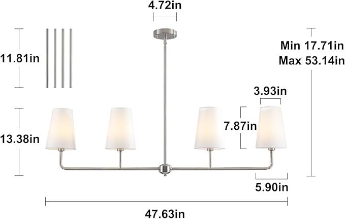 Brushed Nickel Chandelier for Kitchen Island 4-Light Linear Chandeliers for Dining Room Modern Farmhouse Classic Light Fixture with White Linen Shades Over Dining Table