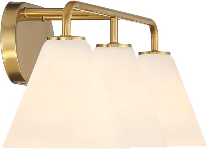 Savoy House 8-2988-3-322 Blair White Strie Glass Bathroom Conical Bathroom Vanity Light, 3-Light 180 Total Watts, 8'' H x 26'' W, Warm Brass
