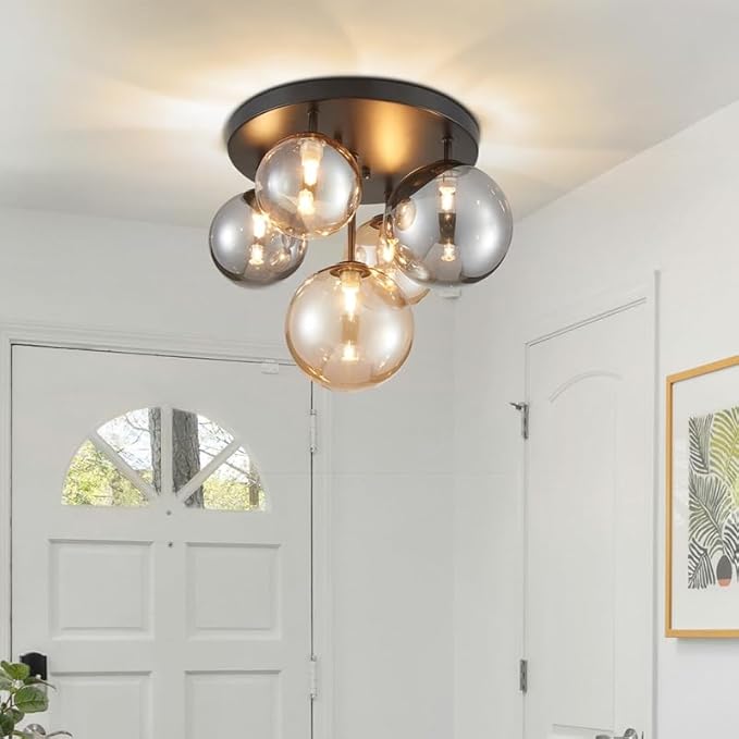 AGV LIGHTING Flush Mount Ceiling Light Fixture, Modern Bubble Glass Ceiling Light with Black Metal Frame, 5-Light G9 Base Black Ceiling Lamp for Bedroom Living Room Kitchen Dining Room