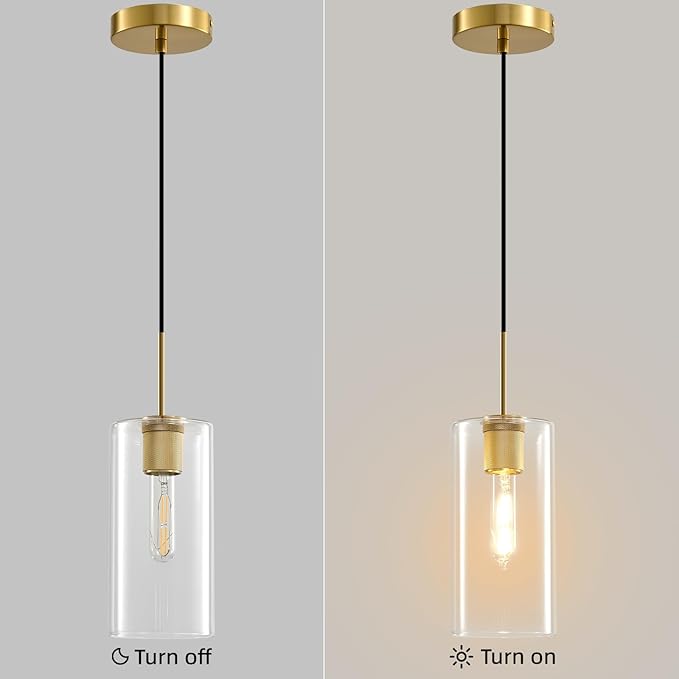 Modern Gold Glass Pendant Light: Cylinder Clear Glass Pendant Light over Kitchen Island - Simple Brass Hanging Lights with Short Tube - Height Adjustable Pendants Lighting Fixture for Bedroom Bathroom