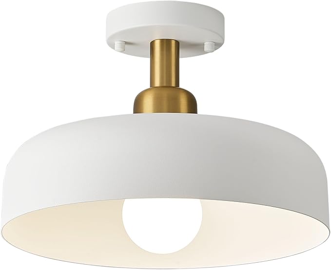 Modern Semi Flush Mount Ceiling Light,Mid Century Hallway Ceiling Light Fixture,E26 Ceramic Lamp Head,White and Gold Light Fxiture Ceiling for Kitchen Entryway Bedroom Hall Entry (12.6 in)