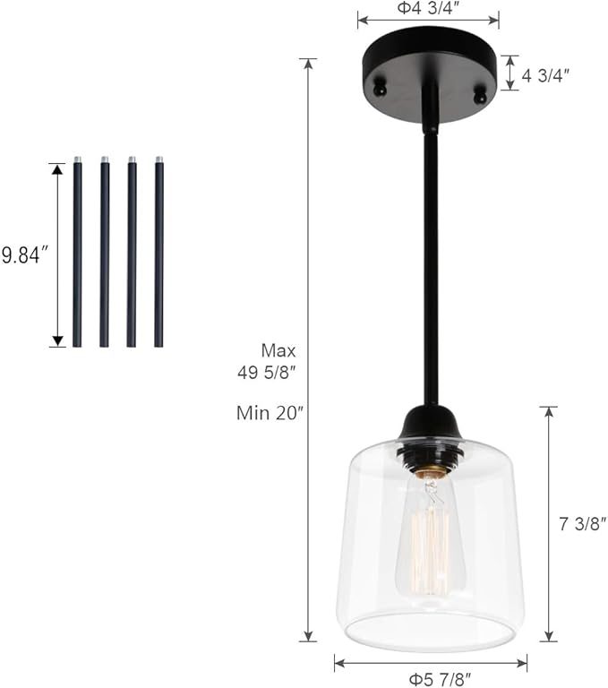 VILUXY Vintage Glass Pendant Light, Single Hanging Pendant Lighting, Black with Clear Glass Shade Classic for Farmhouse, Entryway, Dining Room, Kitchen Island, Foyer