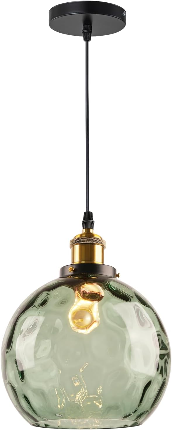 Modern Green Pendant Light, Hammered Glass Pendant Light Fixture Mid Century Globe Pendant Lights Vintage 1-Light Gold Hanging Pendant Lighting for Kitchen Island Dining Room Bedroom Bathroom