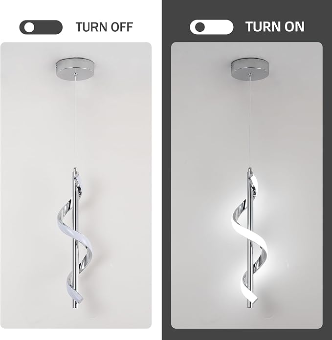 CANEOE 3 Packs Modern Spiral Led Pendant Light Fixture, Cold White 5500K Kitchen Island Pendant Lamp, Adjustable Hanging Light Fixture for Bedroom Living Room Kitchen Sink (Chrome)