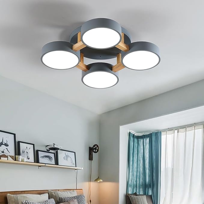 LED Ceiling Light Fixture,20 Inch 4-Lights Modern Ceiling Lights Flush Mount Wooden 44W Chandelier for Living Room Bedroom Kitchen,Dimmable 3000K/4000K/6000K Temperatures Selectable, Grey