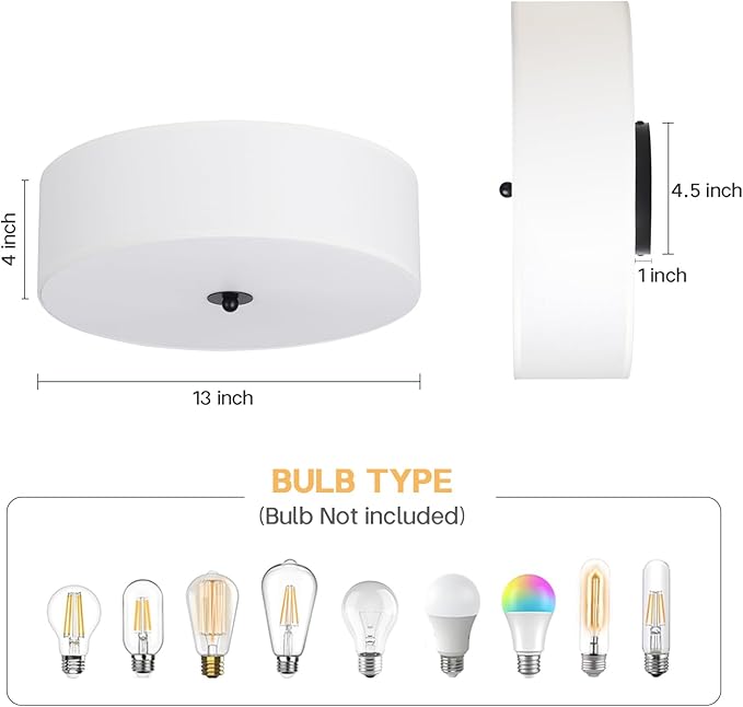 Flush Mount Ceiling Light Fixture, 13" Close to Ceiling Light with White Fabric Linen Drum Shade, 2-Light Modern Round Ceiling Light for Bedroom Hallway Dining Kitchen