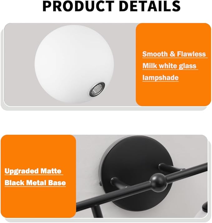 4-Lights Black Vanity Lights with Milky White Globe Glass Shade, Industrial Bathroom Wall Sconces Light over Mirror, Vanity Lighting Fixture for Bathroom Dressing Table Bedroom Living Room