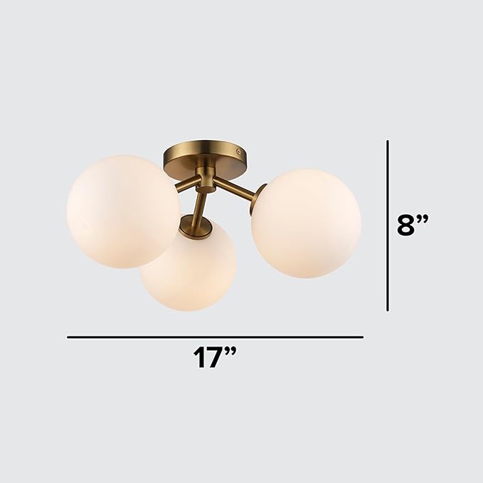 Prismara 16 Inch 3-Light Ceiling Light | Antique Gold Finish with Opal Glass Shades | Uses 3 E-12 Candelabra Base Dimmable Bulbs | Modern Flush Mount Light (Gold)